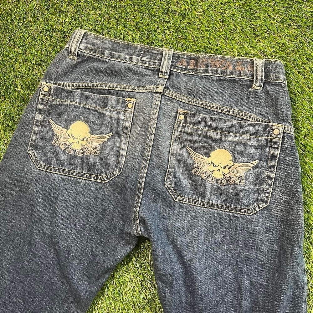 Airwalk Y2K Skull Wing Embroidered Baggy Jeans Blue Denim 30x26 Skate Grunge